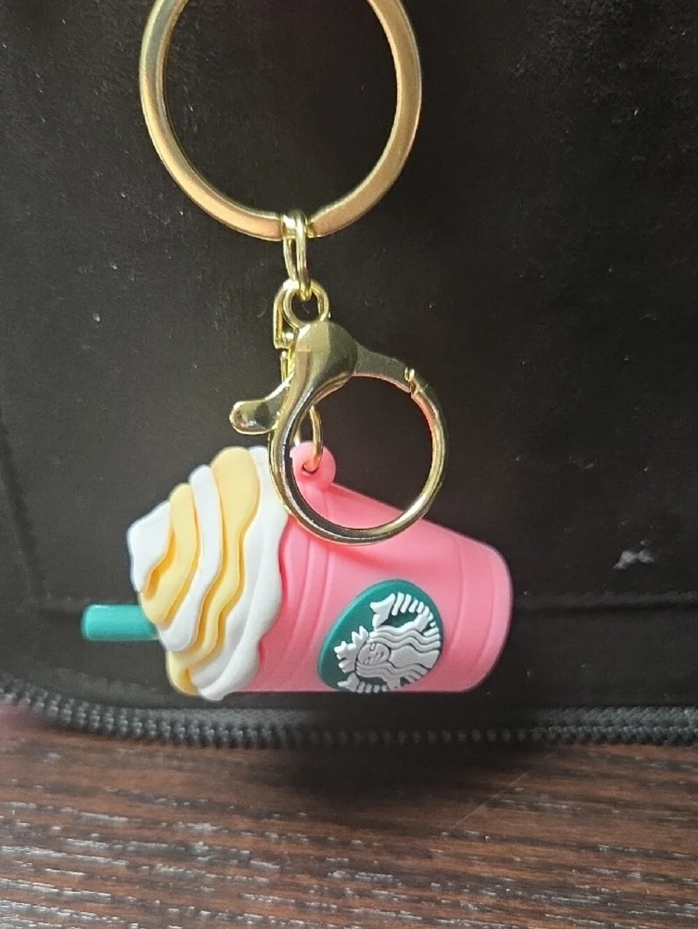 Starbucks Pink Strap Key & Frappuccino Charm with Gold Hardware